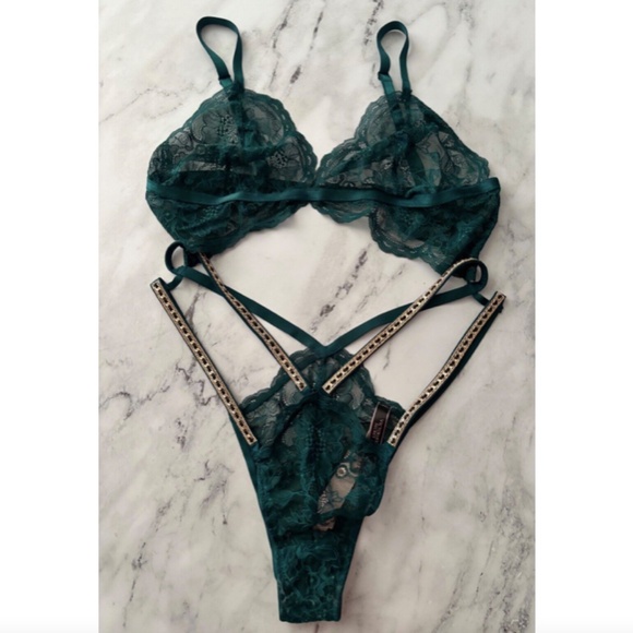 Victorias Secret Green Lace Cut Out Chain Side Strappy Bodysuit Teddy XL - Picture 1 of 6